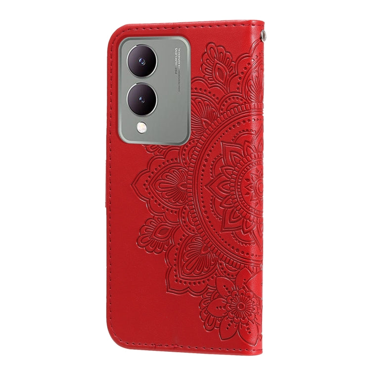 Red leather phone case for Vivo Y17s with 7-petal flower embossing design, showcasing durability and style.