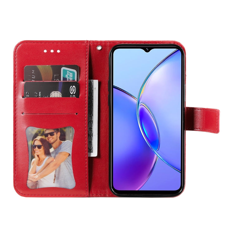 Red leather phone case for Vivo Y17s with 7-petal flower embossing design, showcasing durability and style.