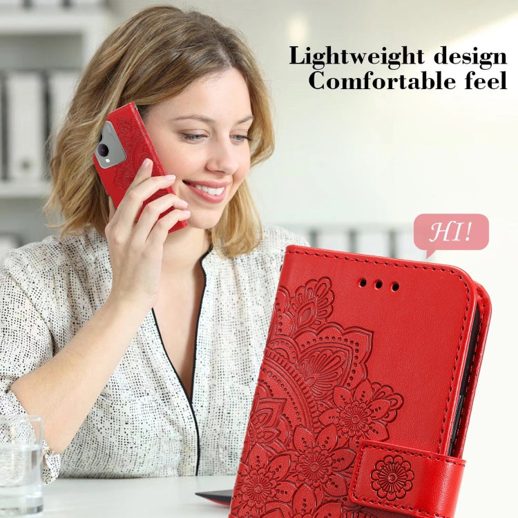 Red leather phone case for Vivo Y17s with 7-petal flower embossing design, showcasing durability and style.