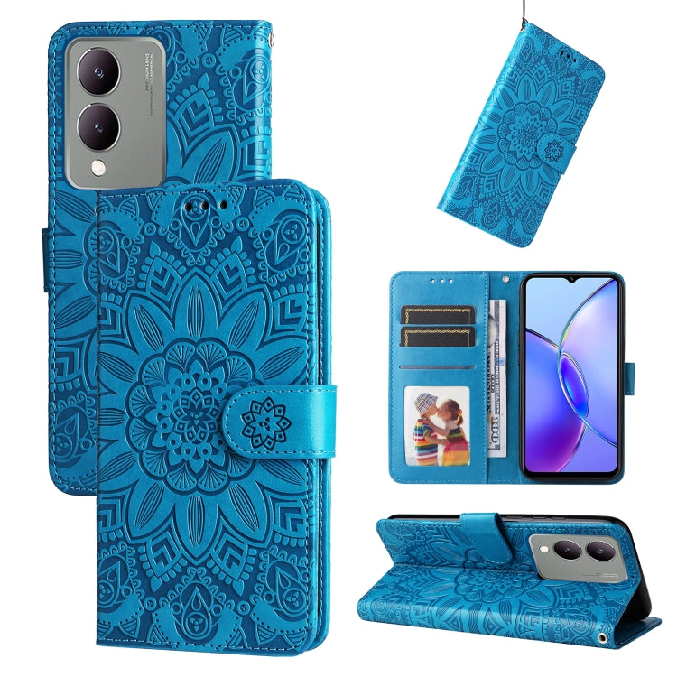 Blue embossed sunflower leather phone case for Vivo Y17s, showcasing its stylish design and functional features.