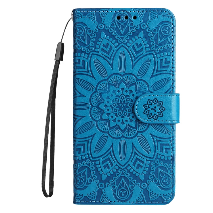 Blue embossed sunflower leather phone case for Vivo Y17s, showcasing its stylish design and functional features.