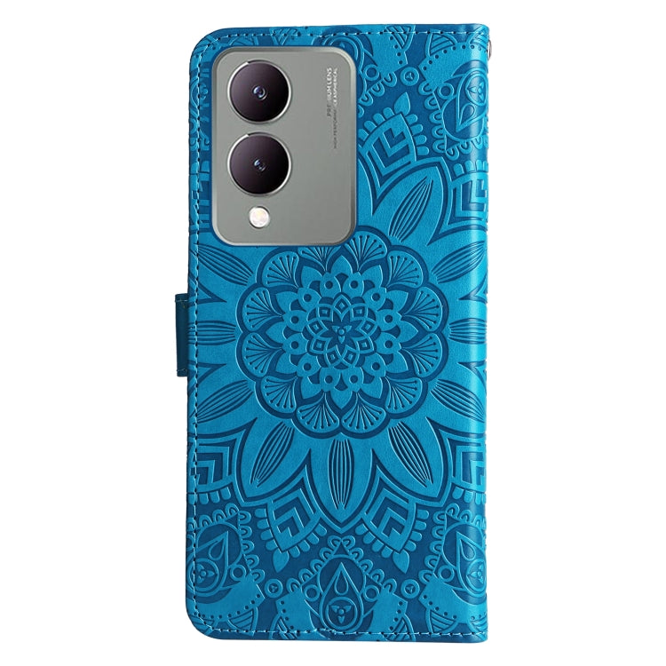 Blue embossed sunflower leather phone case for Vivo Y17s, showcasing its stylish design and functional features.