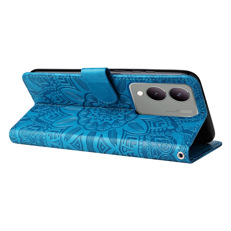 Blue embossed sunflower leather phone case for Vivo Y17s, showcasing its stylish design and functional features.