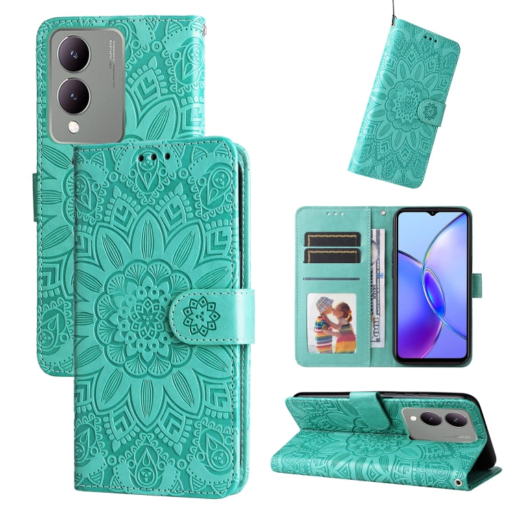 Green embossed sunflower leather phone case for Vivo Y17s, showcasing its stylish design and functional features.