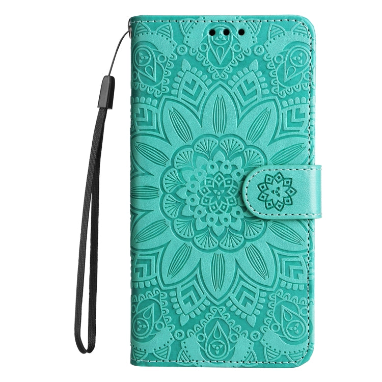 Green embossed sunflower leather phone case for Vivo Y17s, showcasing its stylish design and functional features.