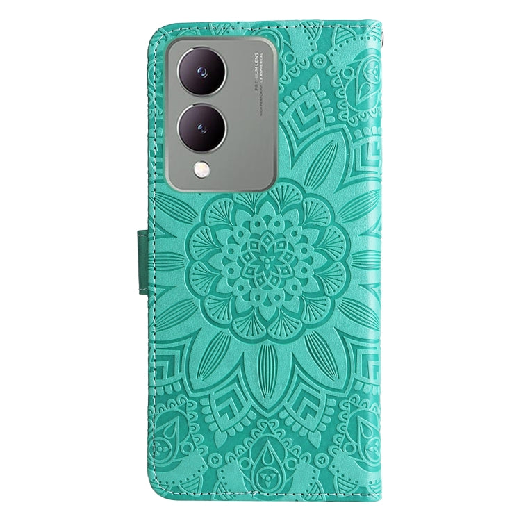 Green embossed sunflower leather phone case for Vivo Y17s, showcasing its stylish design and functional features.