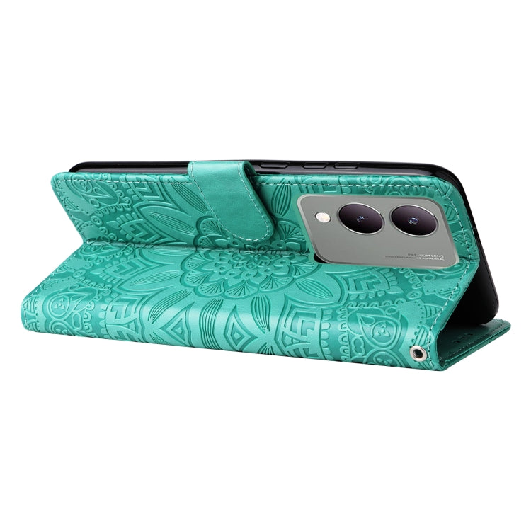 Green embossed sunflower leather phone case for Vivo Y17s, showcasing its stylish design and functional features.