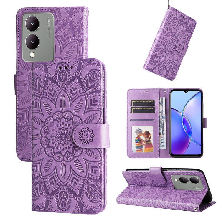 Purple embossed sunflower leather phone case designed for Vivo Y17s, showcasing its stylish and durable features.