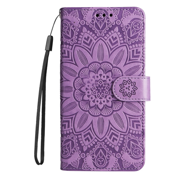 Purple embossed sunflower leather phone case designed for Vivo Y17s, showcasing its stylish and durable features.