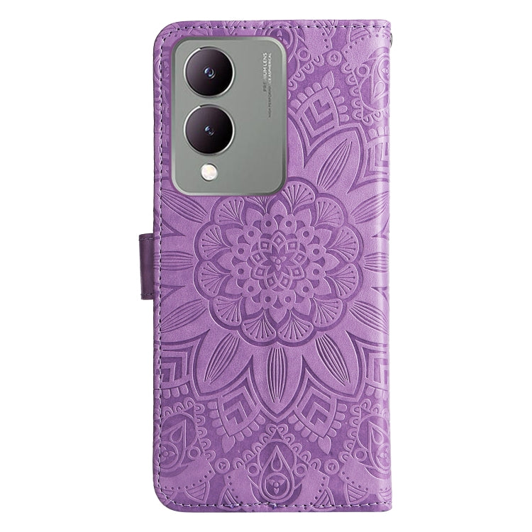 Purple embossed sunflower leather phone case designed for Vivo Y17s, showcasing its stylish and durable features.