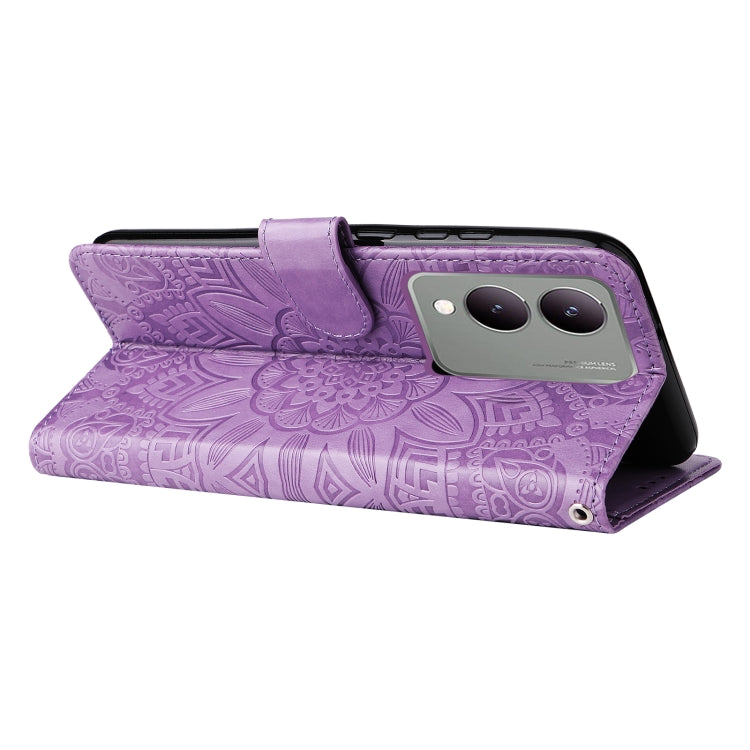 Purple embossed sunflower leather phone case designed for Vivo Y17s, showcasing its stylish and durable features.