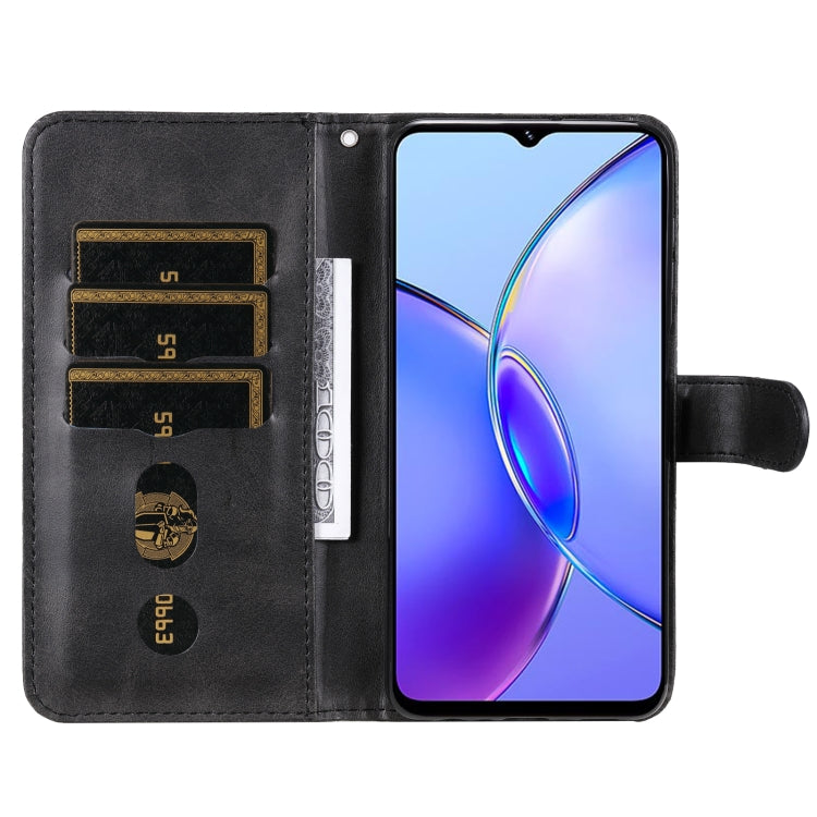 Black leather phone case for Vivo Y17s with calf texture and zipper design, showcasing card slots and a holder for horizontal viewing.