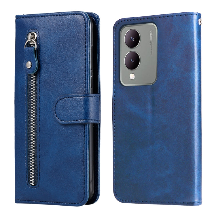 Blue leather phone case for Vivo Y17s with zipper and card slots, showcasing calf texture design.