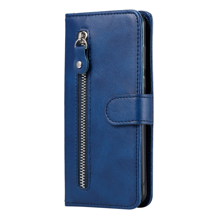 Blue leather phone case for Vivo Y17s with zipper and card slots, showcasing calf texture design.