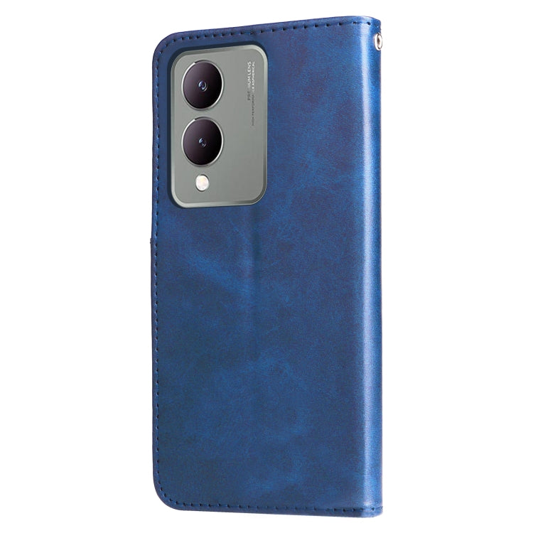 Blue leather phone case for Vivo Y17s with zipper and card slots, showcasing calf texture design.