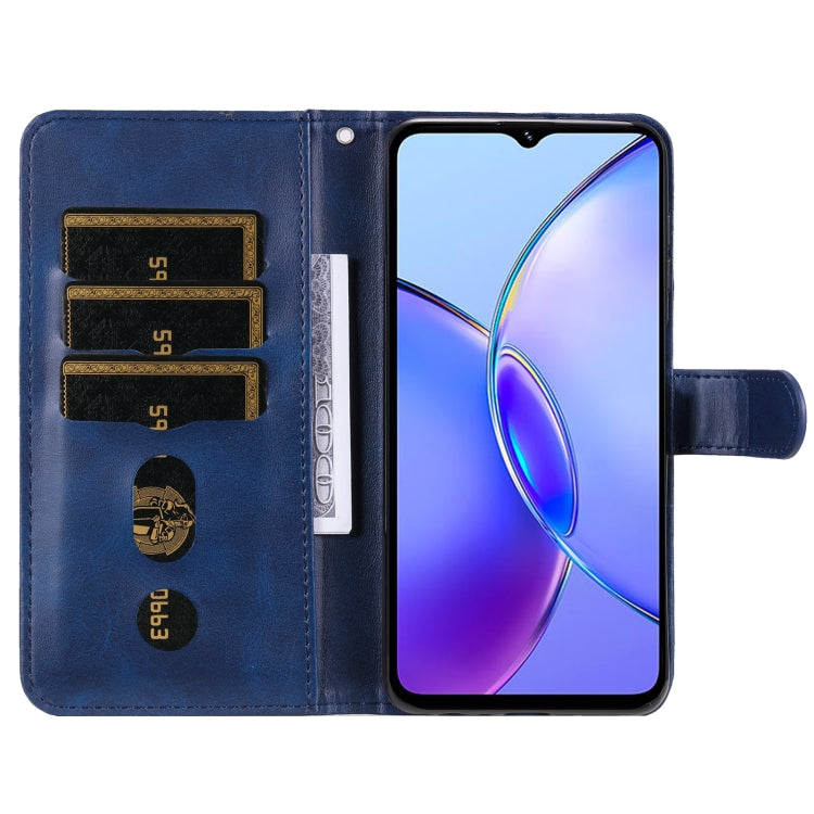 Blue leather phone case for Vivo Y17s with zipper and card slots, showcasing calf texture design.