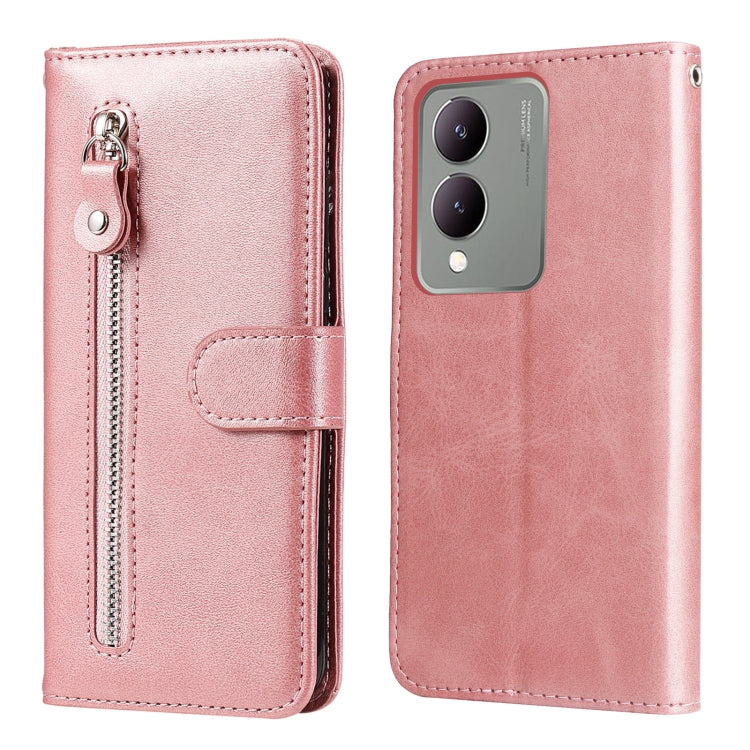 Stylish rose-colored calf texture leather phone case for Vivo Y17s with zipper and card slots.