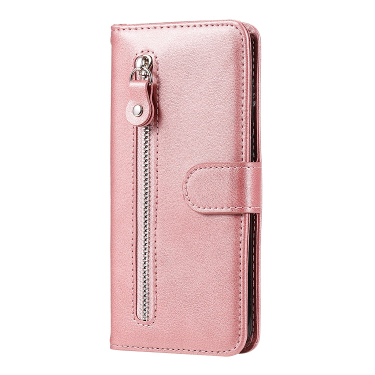 Stylish rose-colored calf texture leather phone case for Vivo Y17s with zipper and card slots.