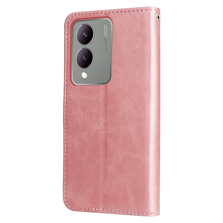 Stylish rose-colored calf texture leather phone case for Vivo Y17s with zipper and card slots.