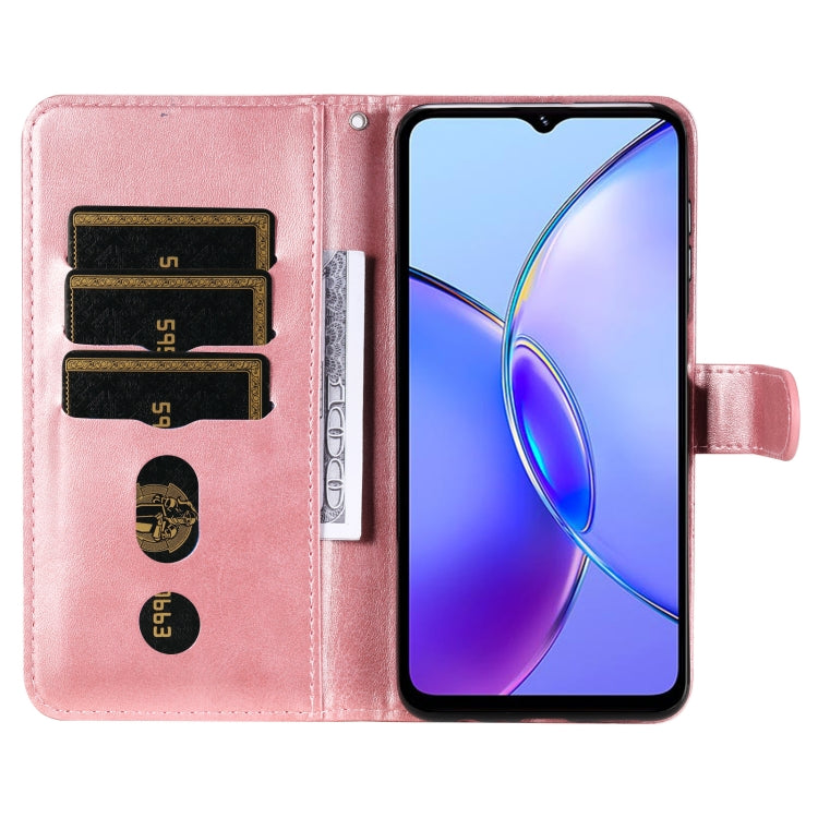 Stylish rose-colored calf texture leather phone case for Vivo Y17s with zipper and card slots.