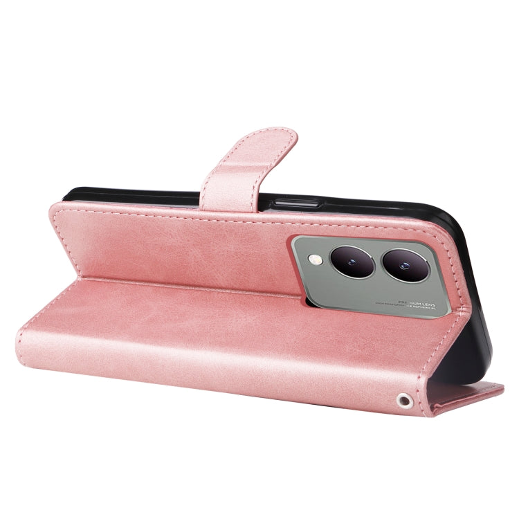 Stylish rose-colored calf texture leather phone case for Vivo Y17s with zipper and card slots.