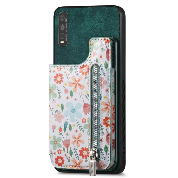 Green zipper wallet case for Vivo Y20, made of TPU and PU leather, featuring card slots and kickstand functionality.