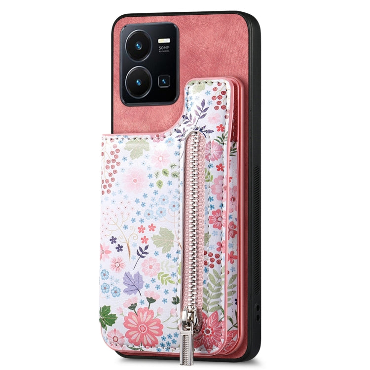 Pink retro painted zipper wallet back phone case for Vivo Y35 4G, showcasing card slots and kickstand feature.