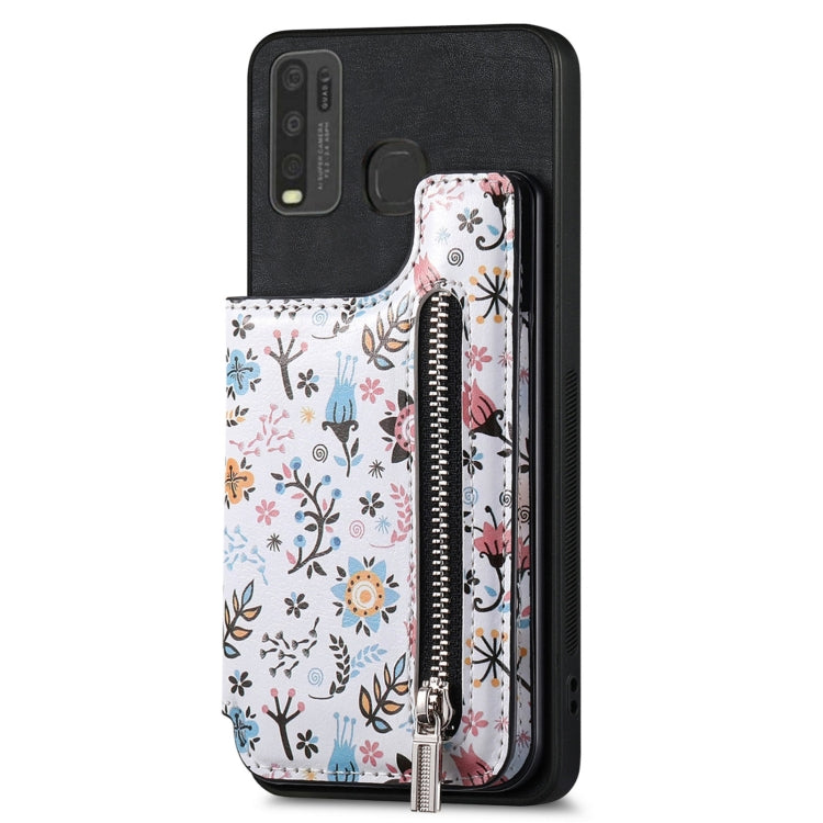 Black Retro Painted Zipper Wallet Back Phone Case for Vivo Y50, showcasing its stylish design and functional features.