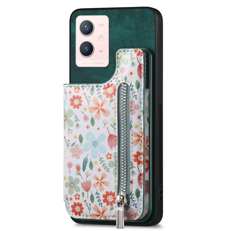 Green retro painted zipper wallet case for Vivo Y52T, showcasing card slots and kickstand feature.