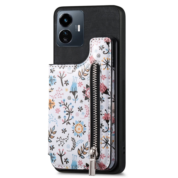 Black Retro Painted Zipper Wallet Back Phone Case for Vivo Y77 5G, showcasing its stylish design and functional features.