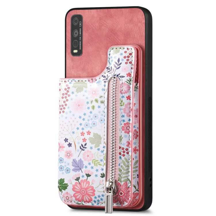 Pink retro painted zipper wallet case for Vivo Y70s, showcasing card slots and kickstand feature.