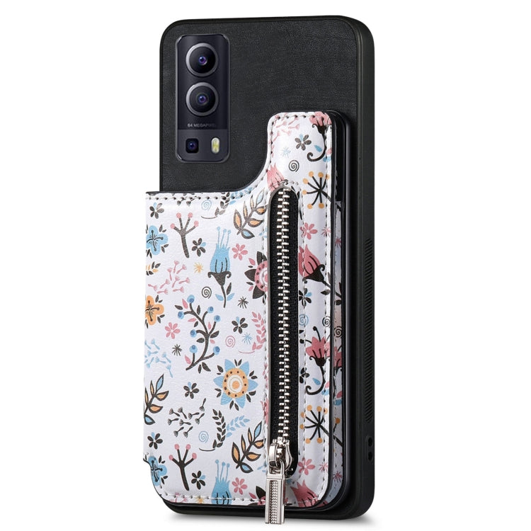 For Vivo Y72 5G Retro Painted Zipper Wallet Back Phone Case in Black, showcasing its stylish design and wallet functionality.