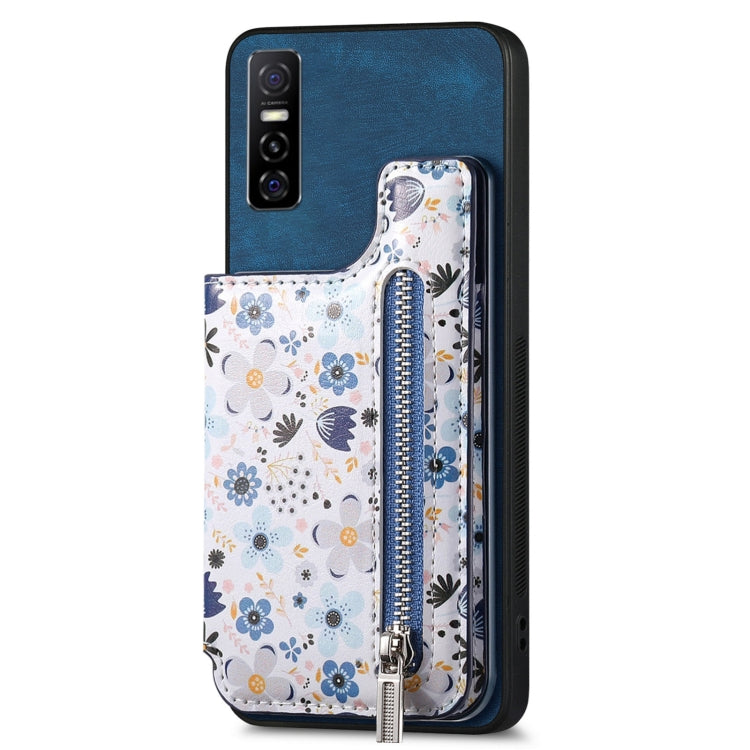 Blue retro painted zipper wallet case for Vivo Y73s 5G, showcasing its stylish design and functional features.