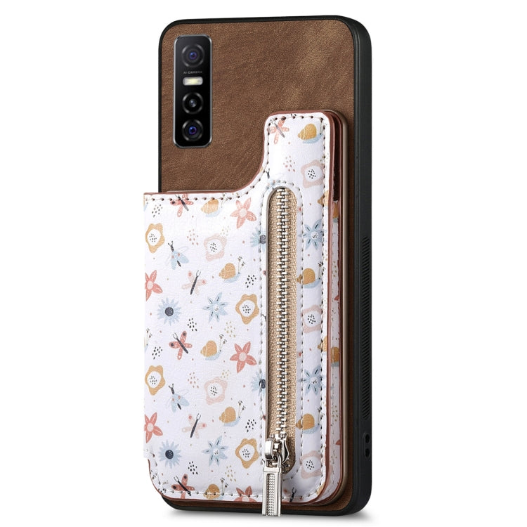 Brown retro painted zipper wallet case for Vivo Y73s 5G, featuring card slots and a kickstand.