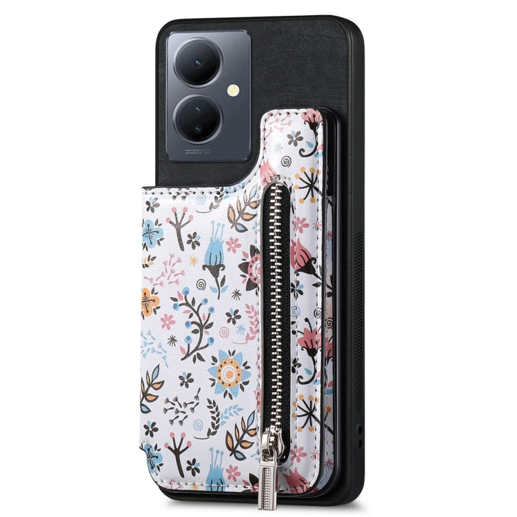 Black Retro Painted Zipper Wallet Back Phone Case for Vivo Y78, showcasing its stylish design and functional features.