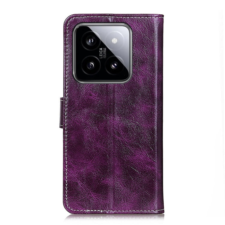 Purple Retro Crazy Horse Texture Leather Phone Case for Xiaomi 14 Pro, showcasing its stylish design and functional features.