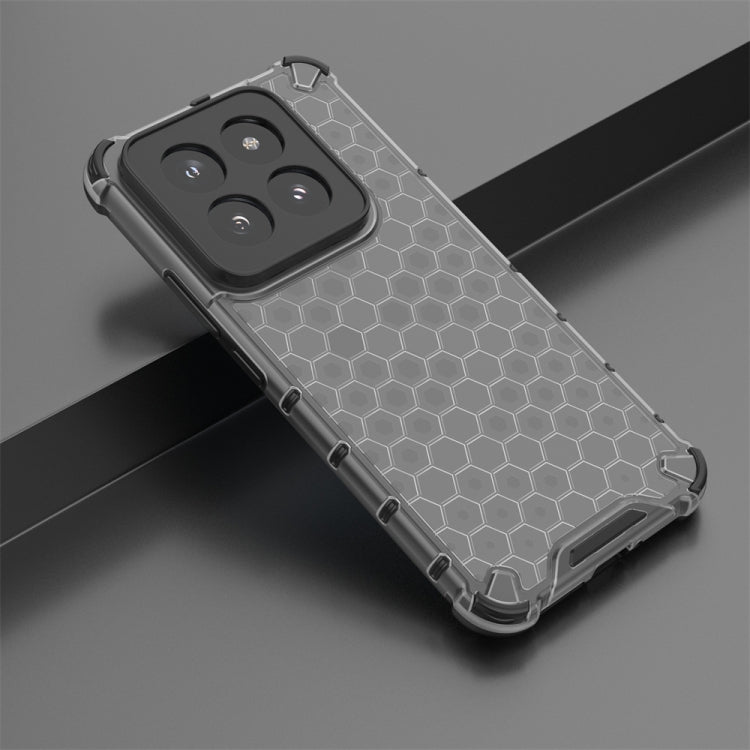 Black shockproof honeycomb phone case for Xiaomi 14 Pro, showcasing its durable design and precise cut-outs.