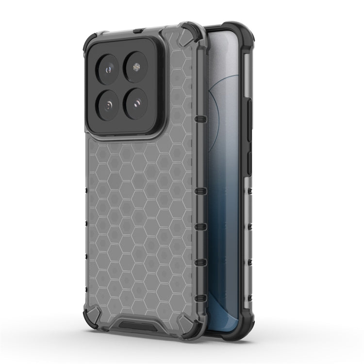 Black shockproof honeycomb phone case for Xiaomi 14 Pro, showcasing its durable design and precise cut-outs.