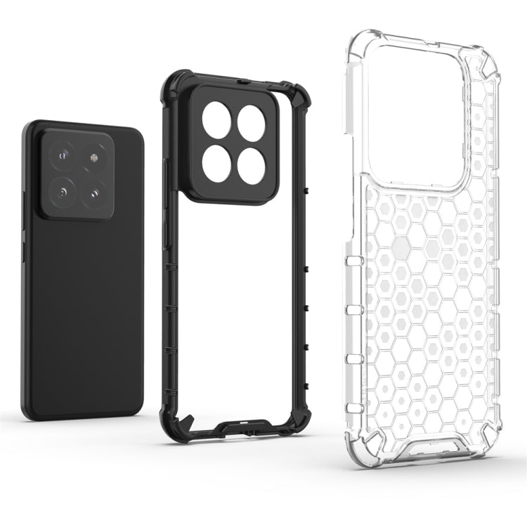 Black shockproof honeycomb phone case for Xiaomi 14 Pro, showcasing its durable design and precise cut-outs.