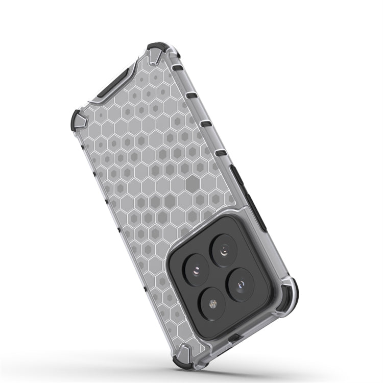 Black shockproof honeycomb phone case for Xiaomi 14 Pro, showcasing its durable design and precise cut-outs.