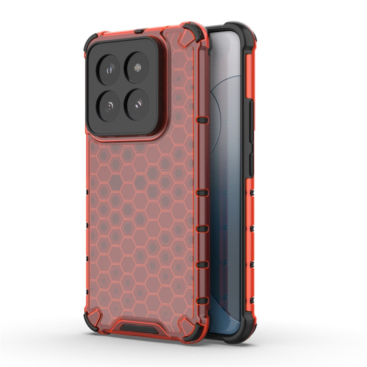 Red shockproof honeycomb phone case for Xiaomi 14 Pro, showcasing its stylish design and durable materials.