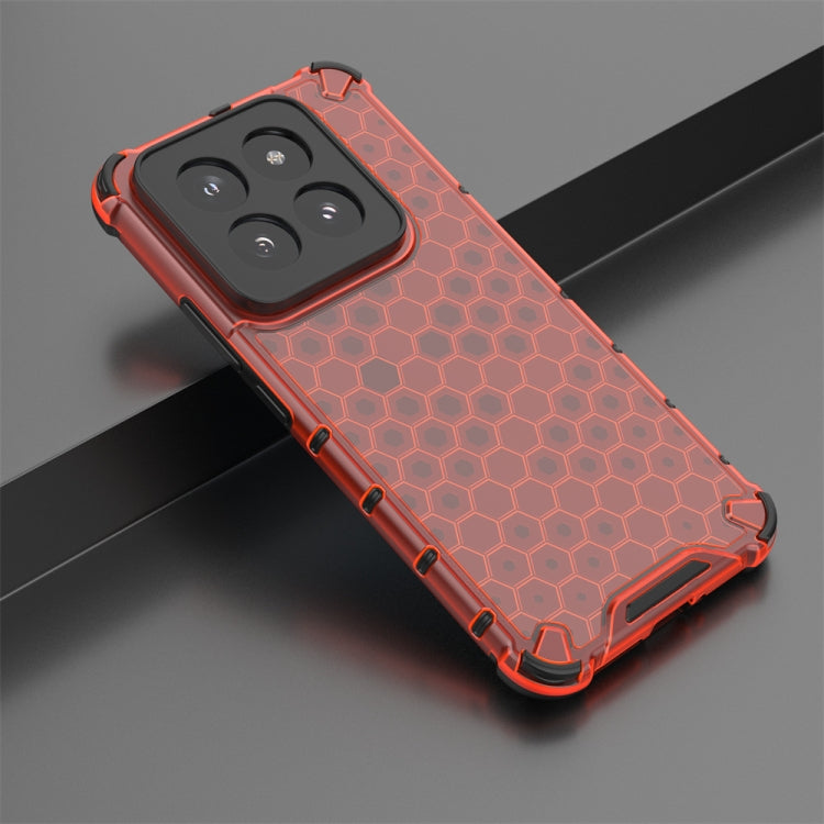 Red shockproof honeycomb phone case for Xiaomi 14 Pro, showcasing its stylish design and durable materials.