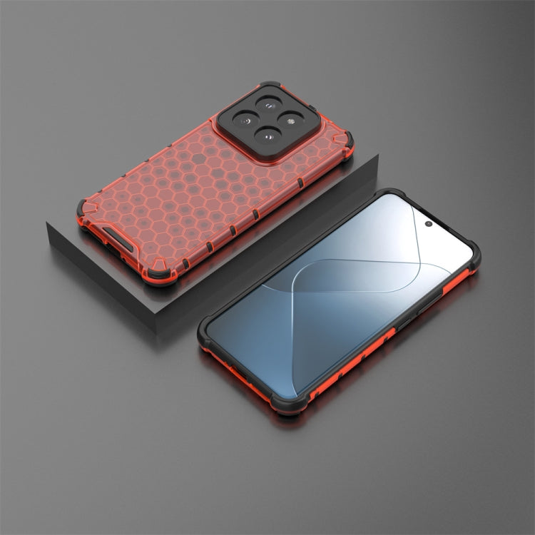 Red shockproof honeycomb phone case for Xiaomi 14 Pro, showcasing its stylish design and durable materials.