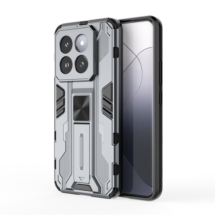 Grey hybrid TPU and PC phone case for Xiaomi 14 Pro, showcasing its stylish design and precise cut-outs.