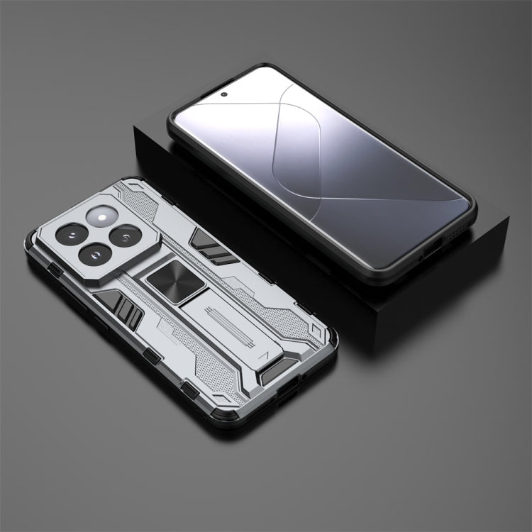 Grey hybrid TPU and PC phone case for Xiaomi 14 Pro, showcasing its stylish design and precise cut-outs.