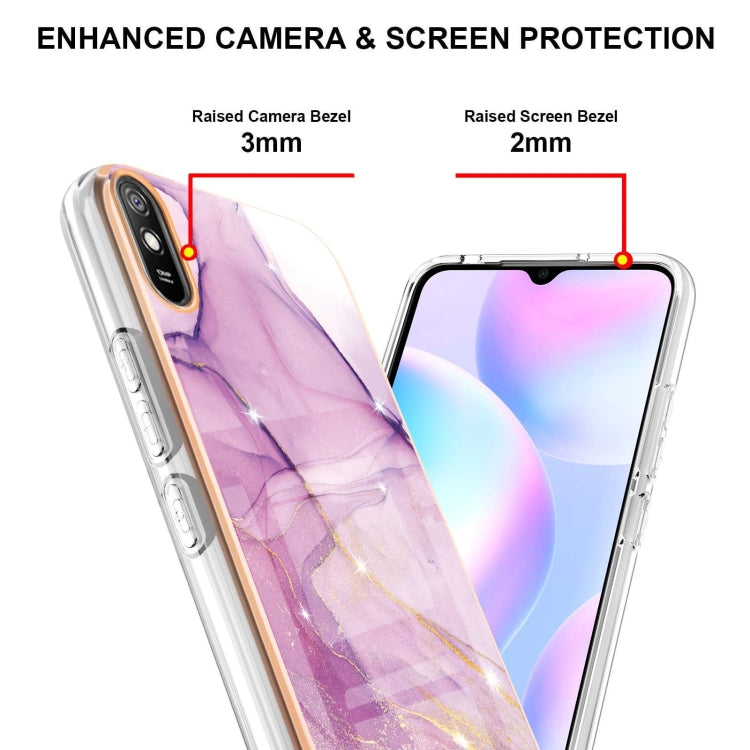 Xiaomi Redmi 9A case featuring an electroplating marble pattern with dual-side IMD TPU for enhanced protection and style.