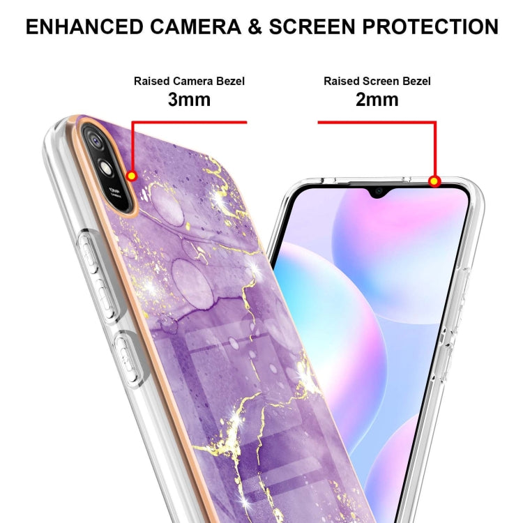 Xiaomi Redmi 9A Electroplating Marble Pattern Dual-side IMD TPU case showcasing vibrant marble design and protective features.