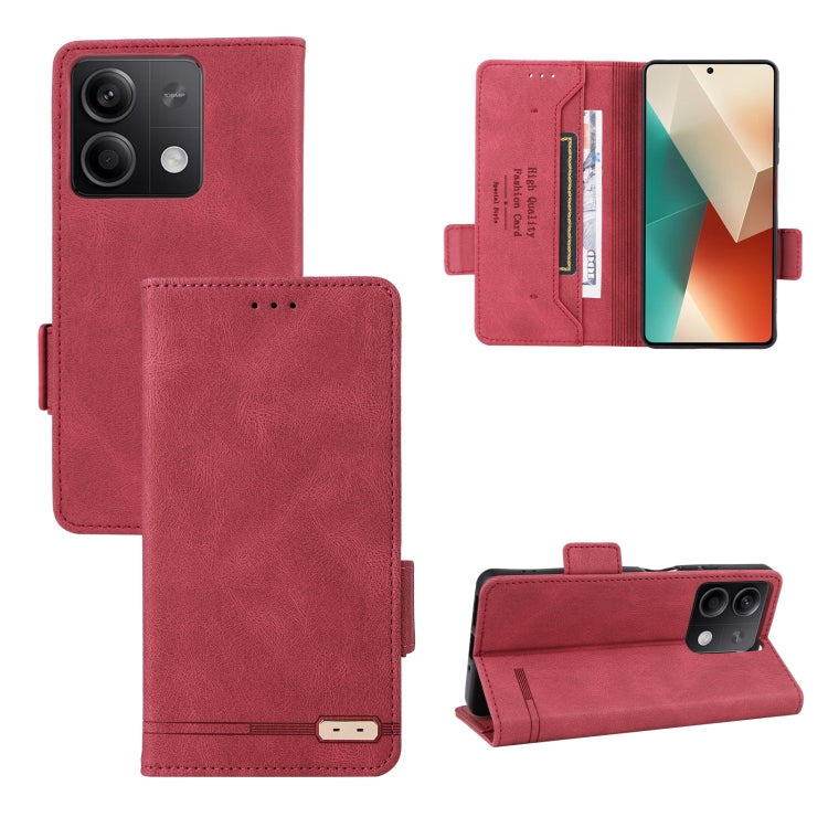 Red magnetic clasp leather phone case for Xiaomi Redmi Note 13 5G, showcasing its sleek design and functional features.