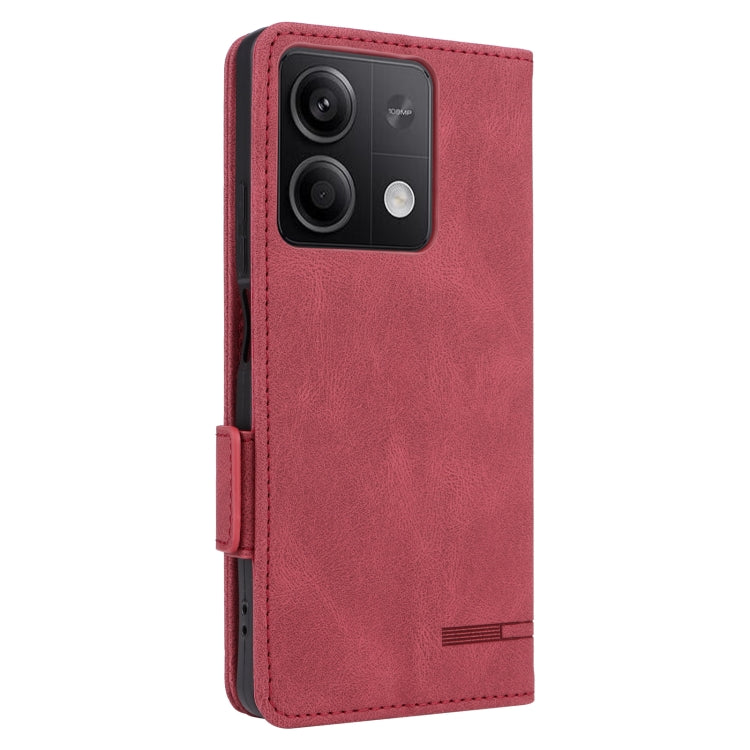 Red magnetic clasp leather phone case for Xiaomi Redmi Note 13 5G, showcasing its sleek design and functional features.