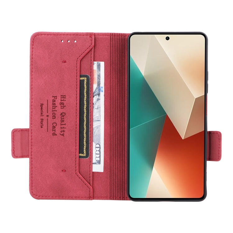 Red magnetic clasp leather phone case for Xiaomi Redmi Note 13 5G, showcasing its sleek design and functional features.